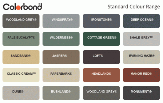 Standard Colour Range chart with 18 labeled color swatches in neutral, green, beige, gray, and brown tones