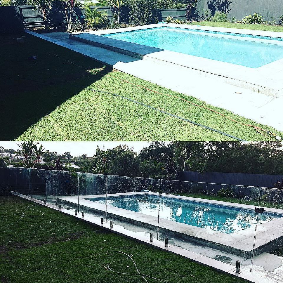 Backyard swimming pool with a white deck and green lawn, shown in two views.