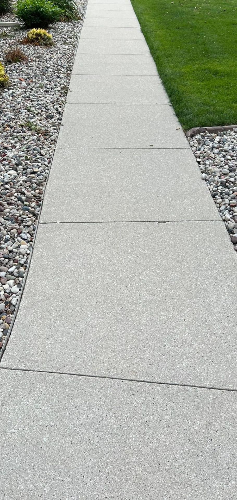 Concrete sidewalk between gravel and green grass in a landscaped yard