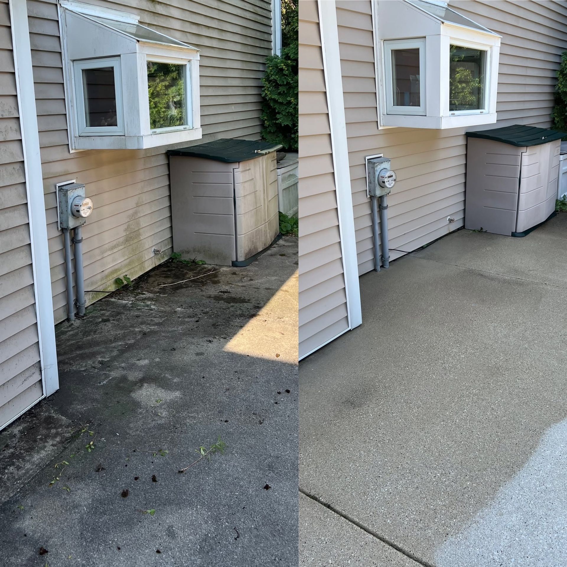 Side-by-side view of a house wall and utility area: cracked pavement on the left, repaired concrete on the right.