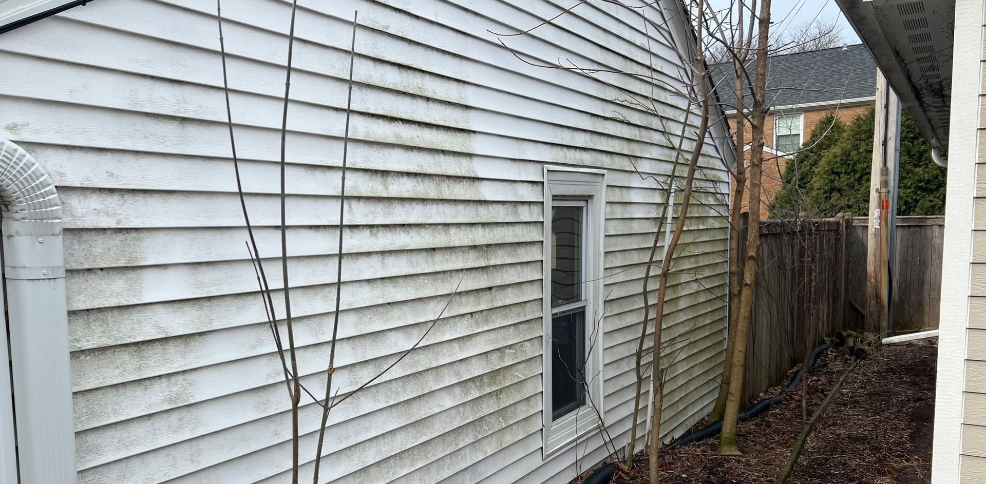 Side of a white house with vinyl siding, a small window, and a narrow yard beside a fence and porch.