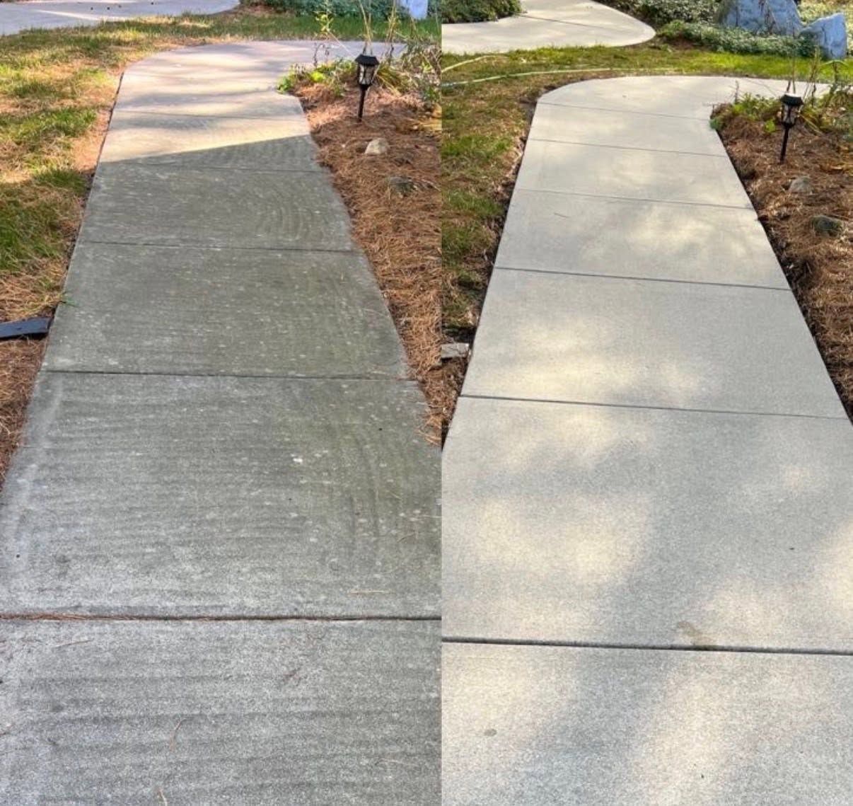 Side-by-side concrete sidewalk sections: darker older slab on the left, lighter repaired slab on the right.