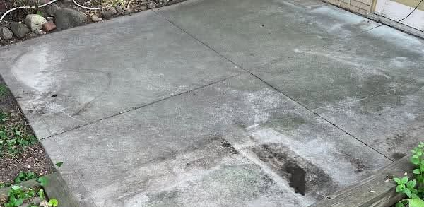 Cracked concrete driveway slab with dark stains and a curved edge near a garden border