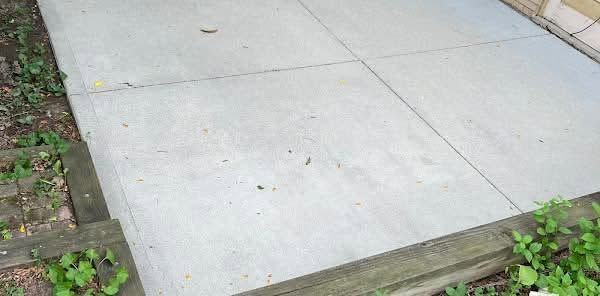 Concrete sidewalk corner with a raised wooden edge beside a narrow strip of soil and plants