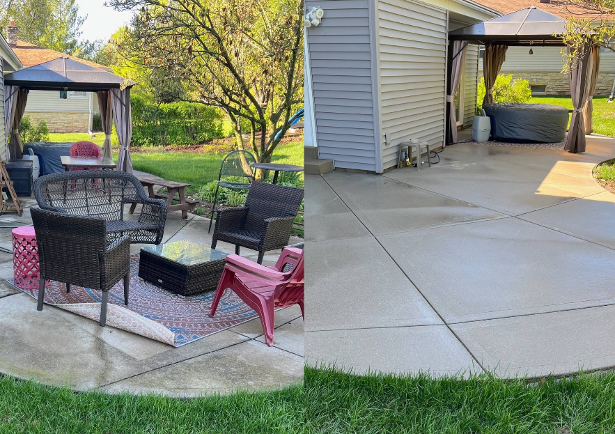 Backyard patio with outdoor chairs, fire pit, gazebo, and concrete walkway beside a house