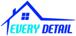 Blue house roof logo with “EVERY DETAIL” text in cyan and blue