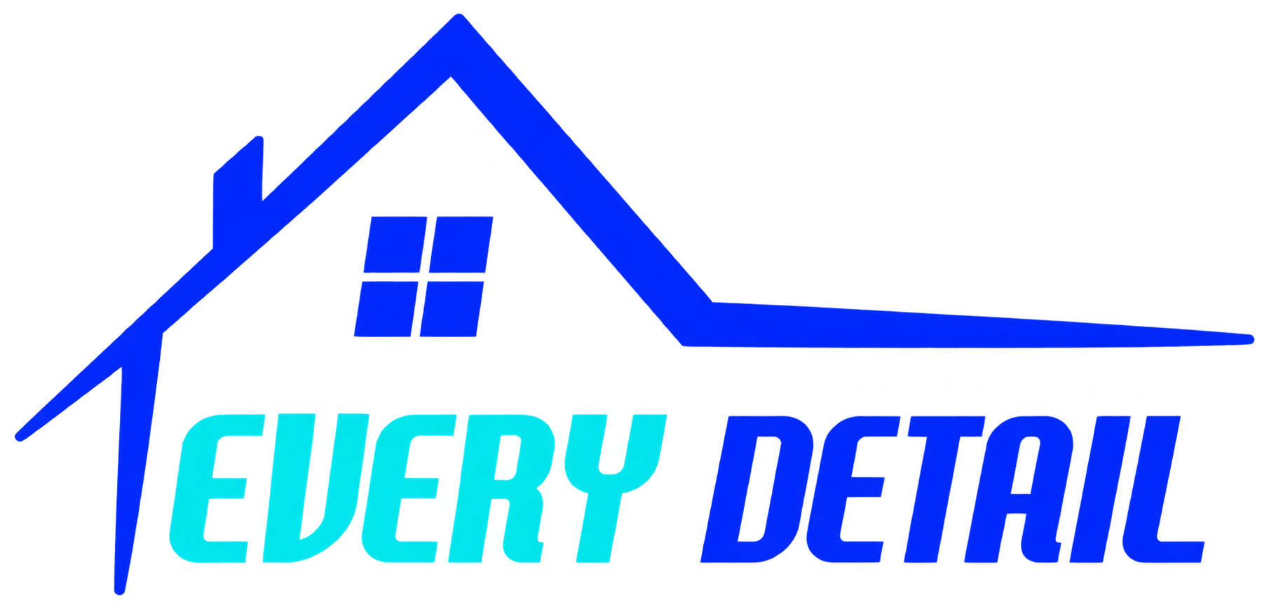 Blue house roof logo with “EVERY DETAIL” text in cyan and blue