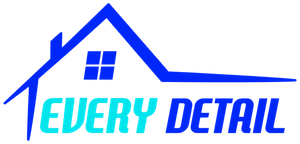 Blue house roof logo with “EVERY DETAIL” text in cyan and blue