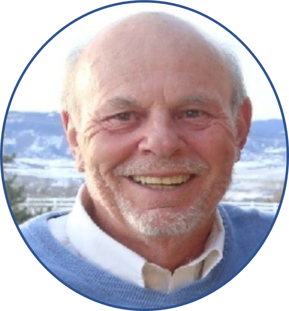 A man with a beard is smiling in a blue circle