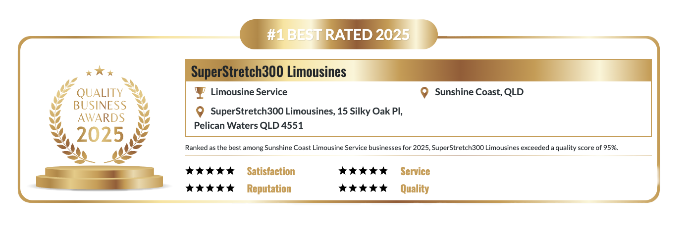 Award badge for SuperStretch 300 Limousines. Displays rating for service, reputation and quality — Superstretch300 Limousines In Mooloolaba, QLD