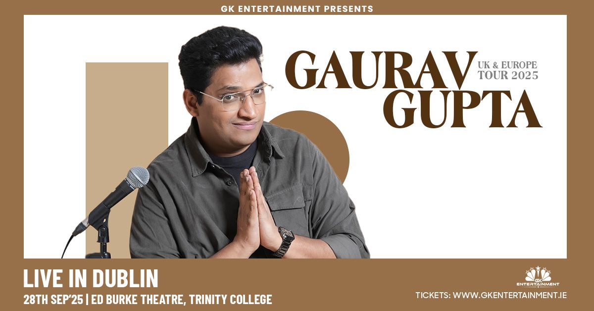 Gaurav Gupta performing stand-up comedy for Being Baniya live show in Dublin 2025 at Ed Burke Theatre.