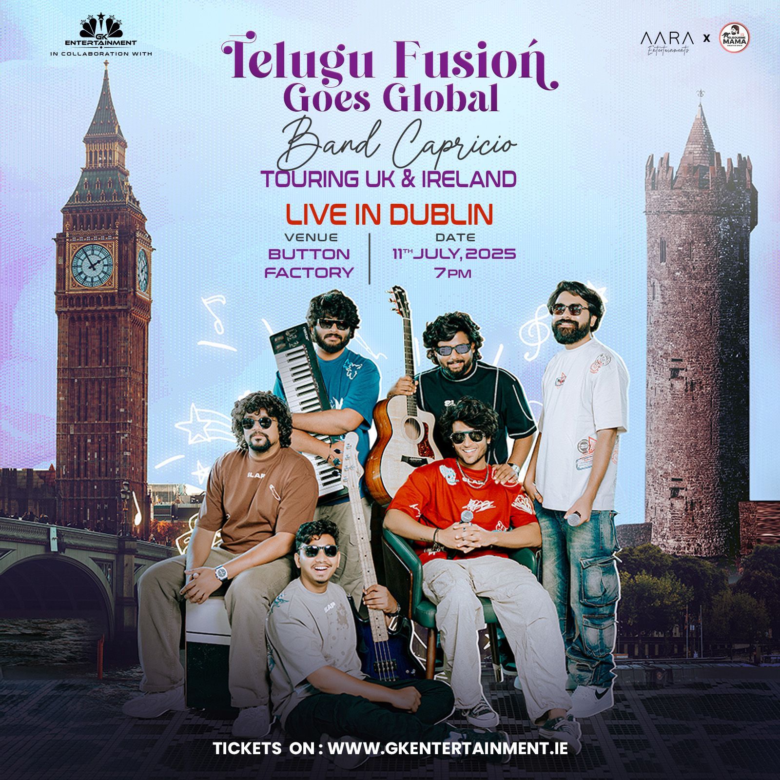 Band Capricio live in Dublin! Telugu fusion night at Button Factory on July 11, 2025. Doors 7PM. 18+