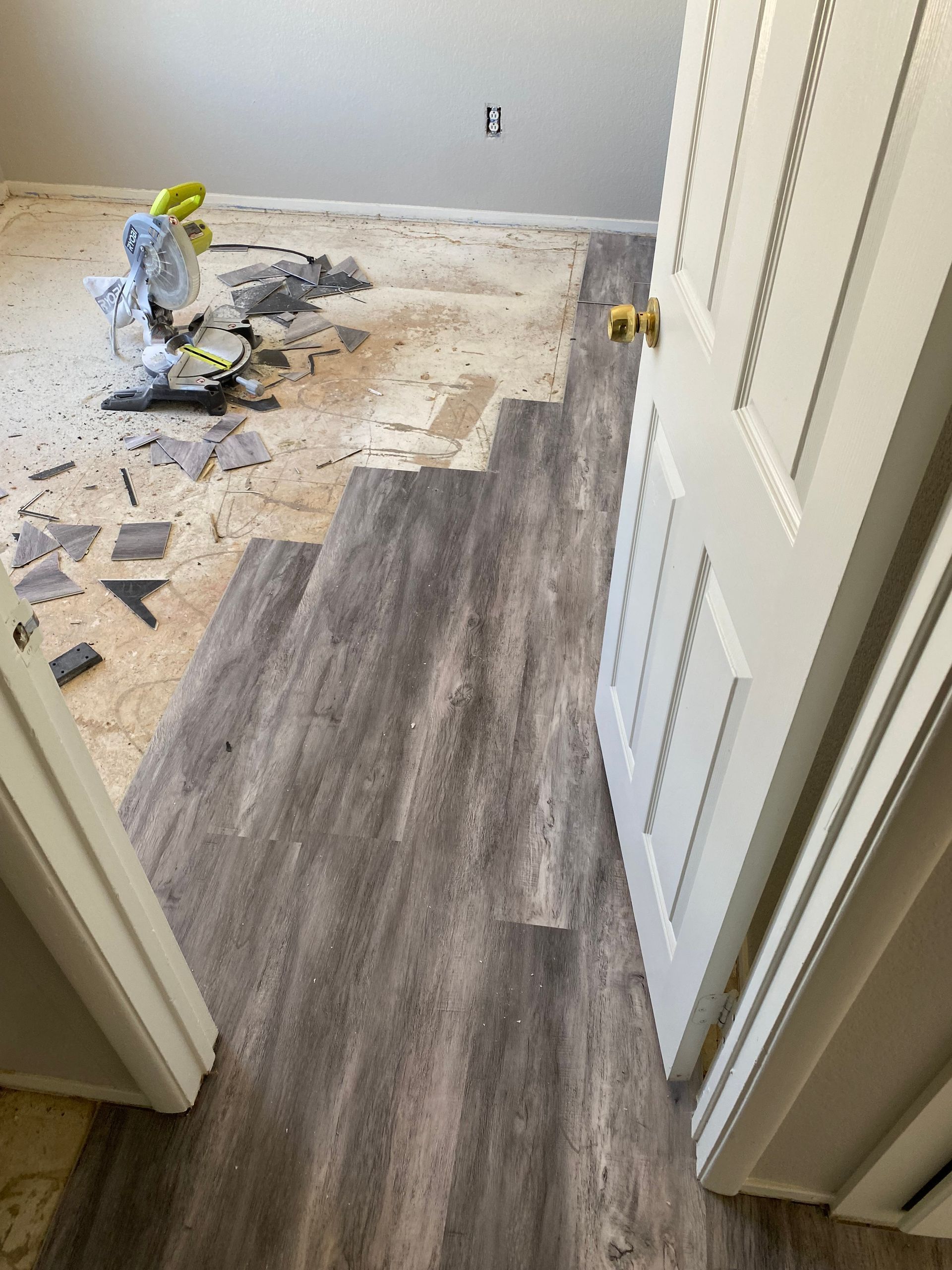 A room with a wooden floor and a white door
