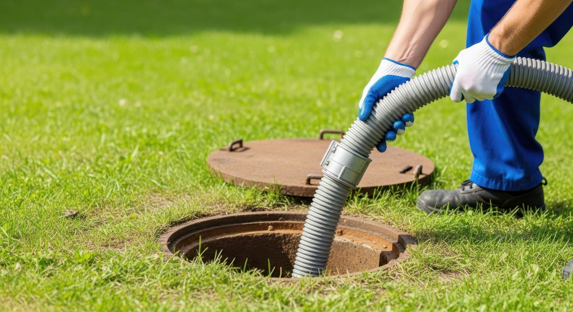 Worker using a vacuum hose to clean a manhole on a grassy lawn