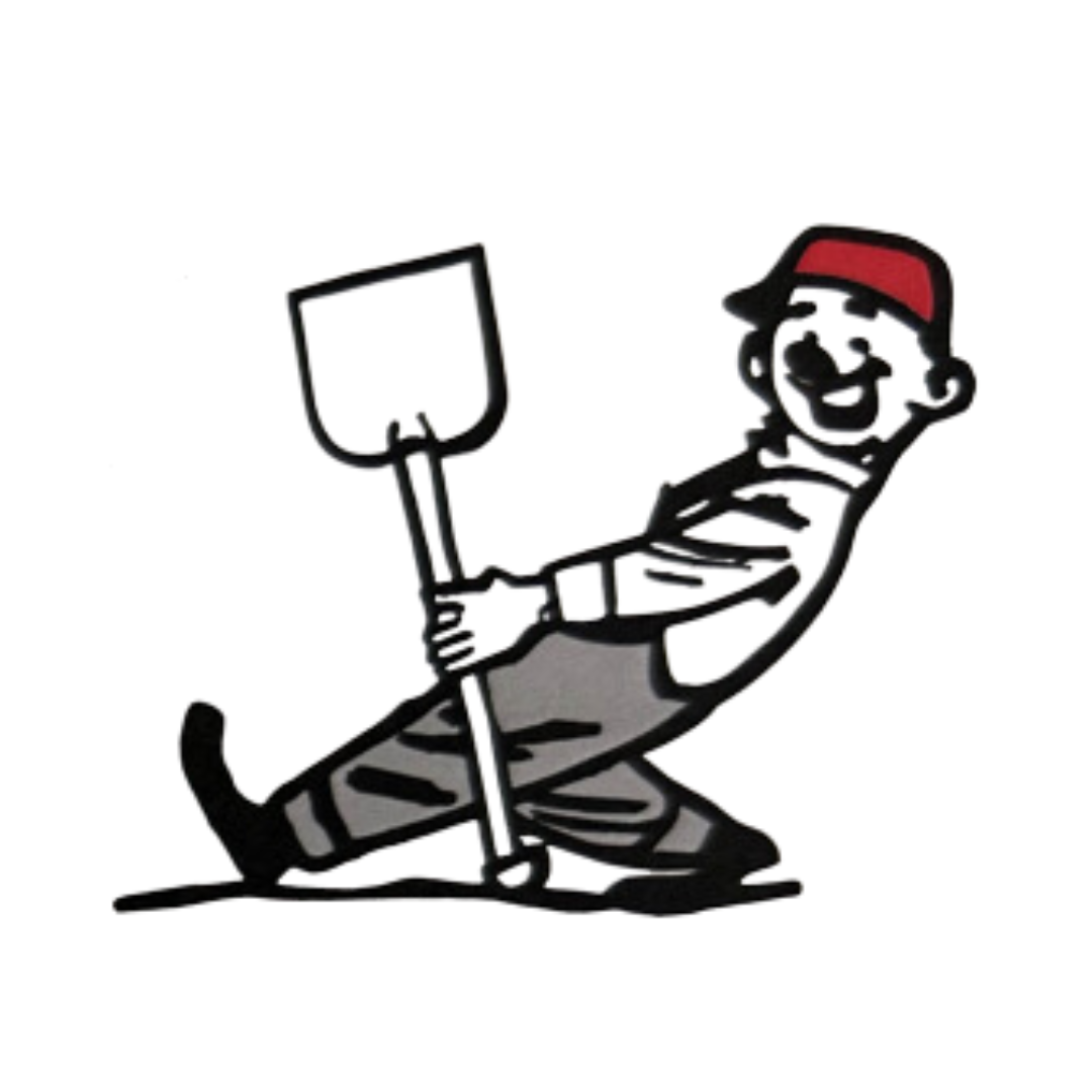 Cartoon figure holding a shovel, wearing overalls and a red cap, leaning back with a smile.