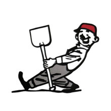 Cartoon figure holding a shovel, wearing overalls and a red cap, leaning back with a smile.