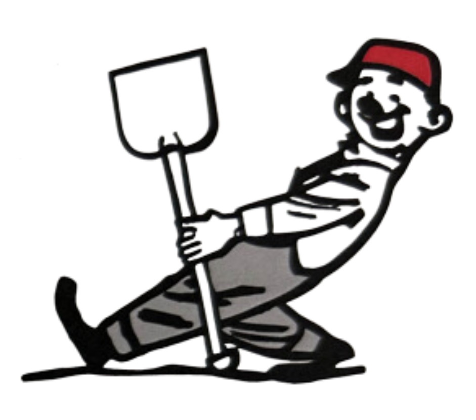 Cartoon man holding a shovel, smiling, wearing overalls and a red hat.