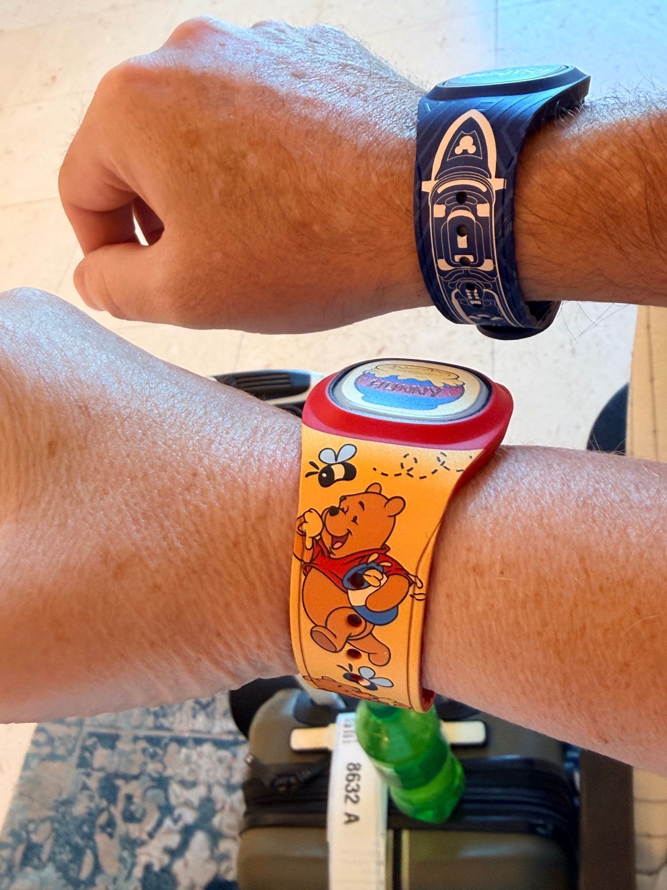 Two DisneyBand Plus bands worn before boarding