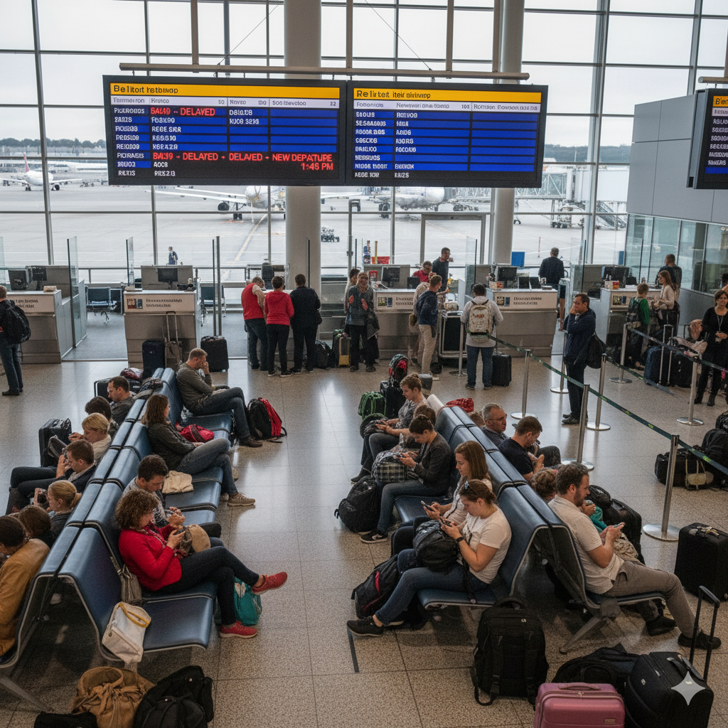 Airport terminal with seated passengers looking at phones, waiting near flight information screens and check-in counters.