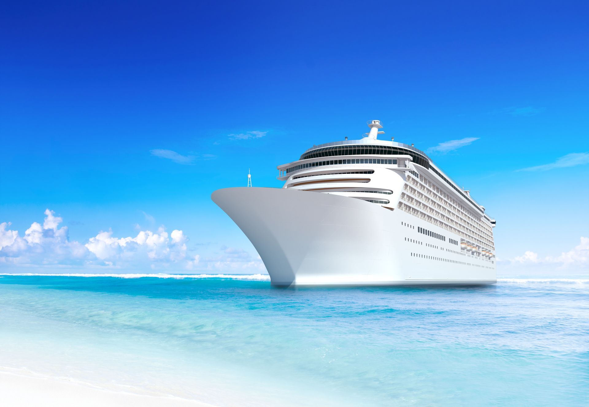 A large cruise ship is floating on top of a body of water.