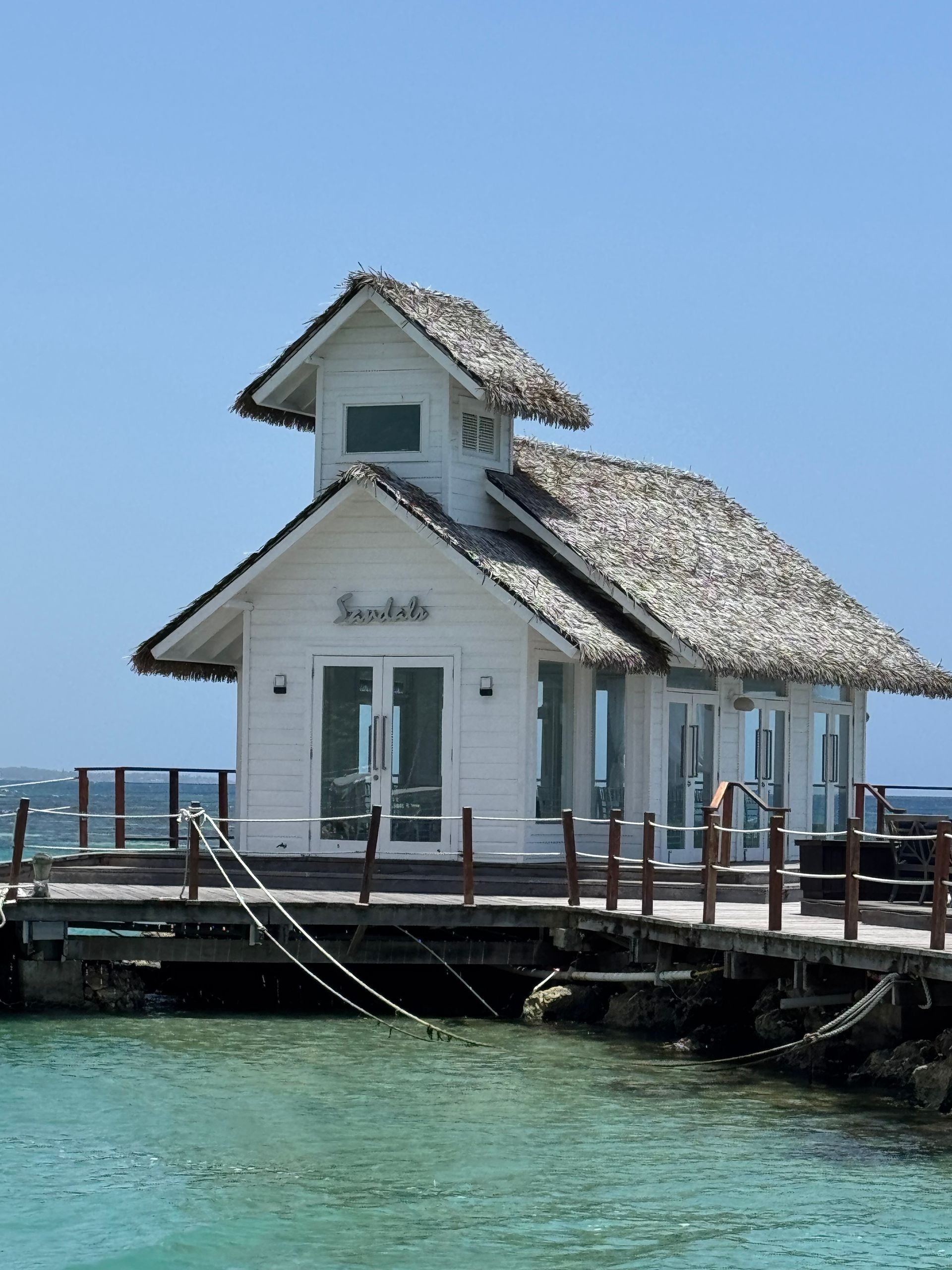 White building with thatched roof on a pier over turquoise water,