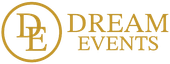 Un logo color oro con le lettere "DE" all'interno di un cerchio, seguite dalla scritta "DREAM EVENTS" a destra.