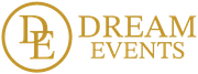 Un logo color oro con le lettere "DE" all'interno di un cerchio, seguite dalla scritta "DREAM EVENTS" a destra.