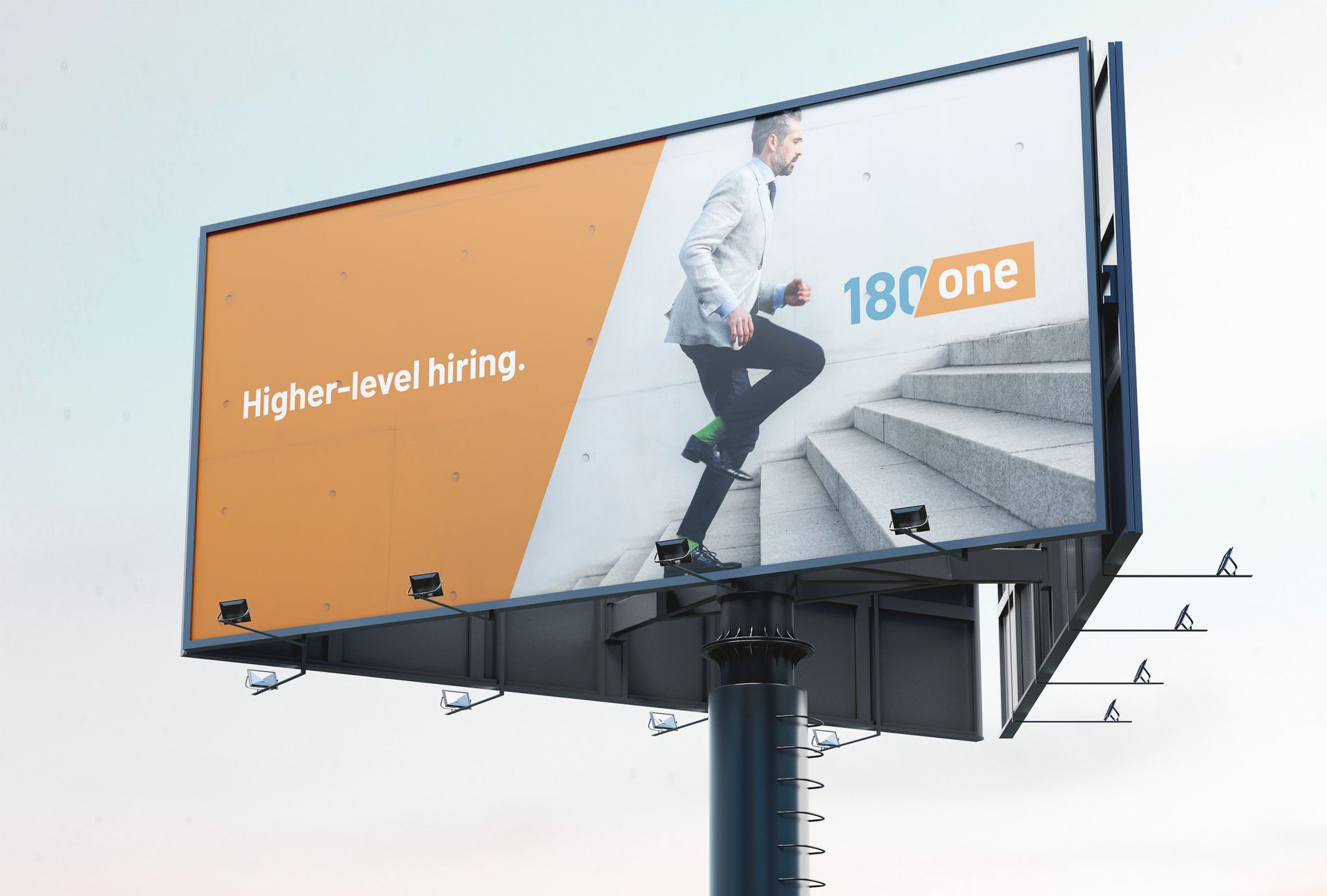 A billboard with a man climbing stairs on it.