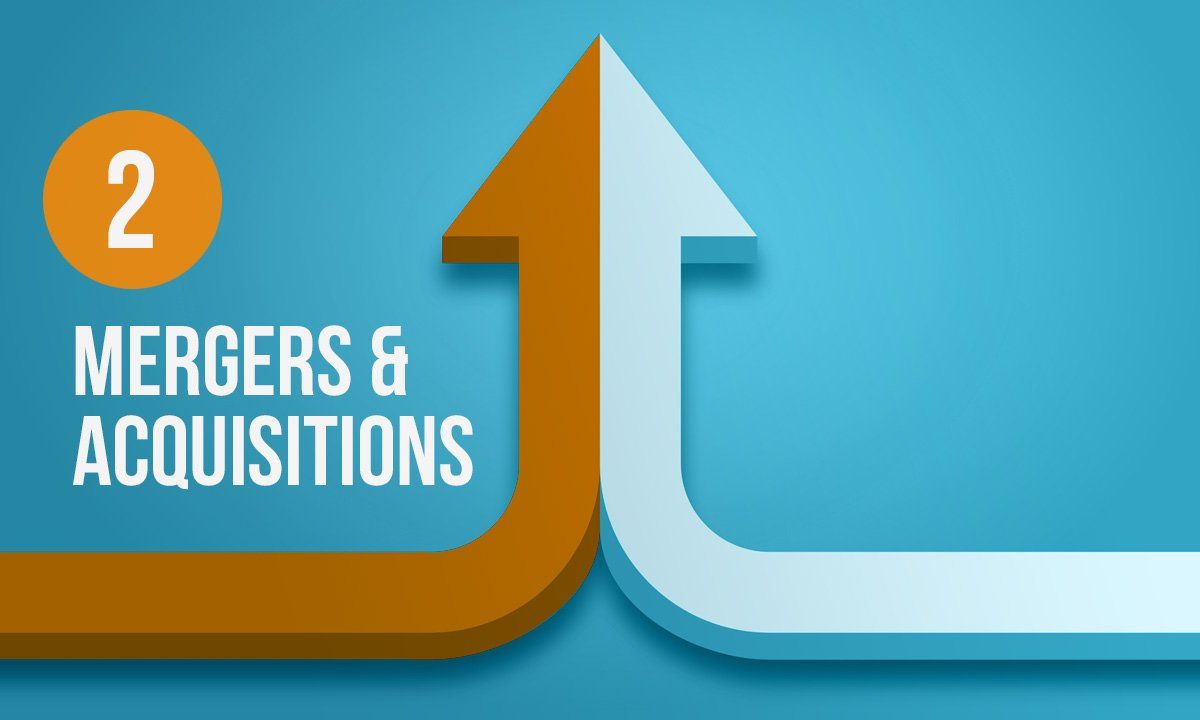 Mergers & Acquisitions A blue background with two arrows and the words mergers and acquisitions