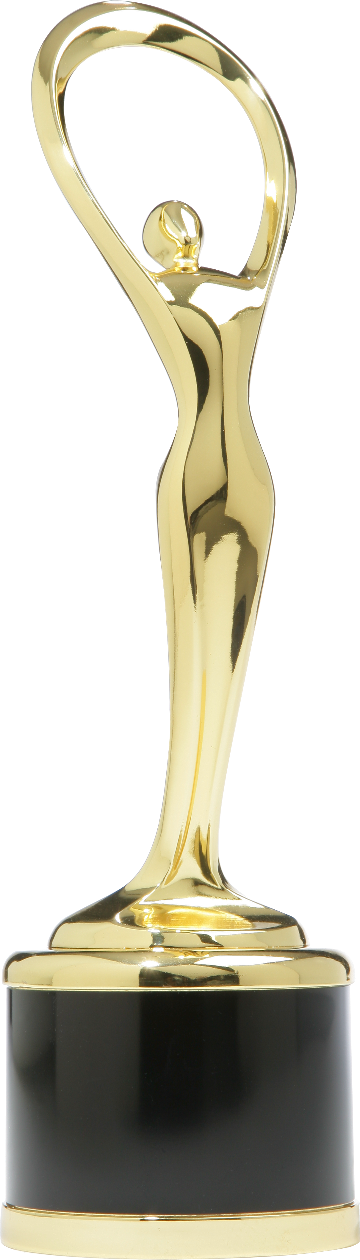 A gold statue of a woman holding a ring on a black base.