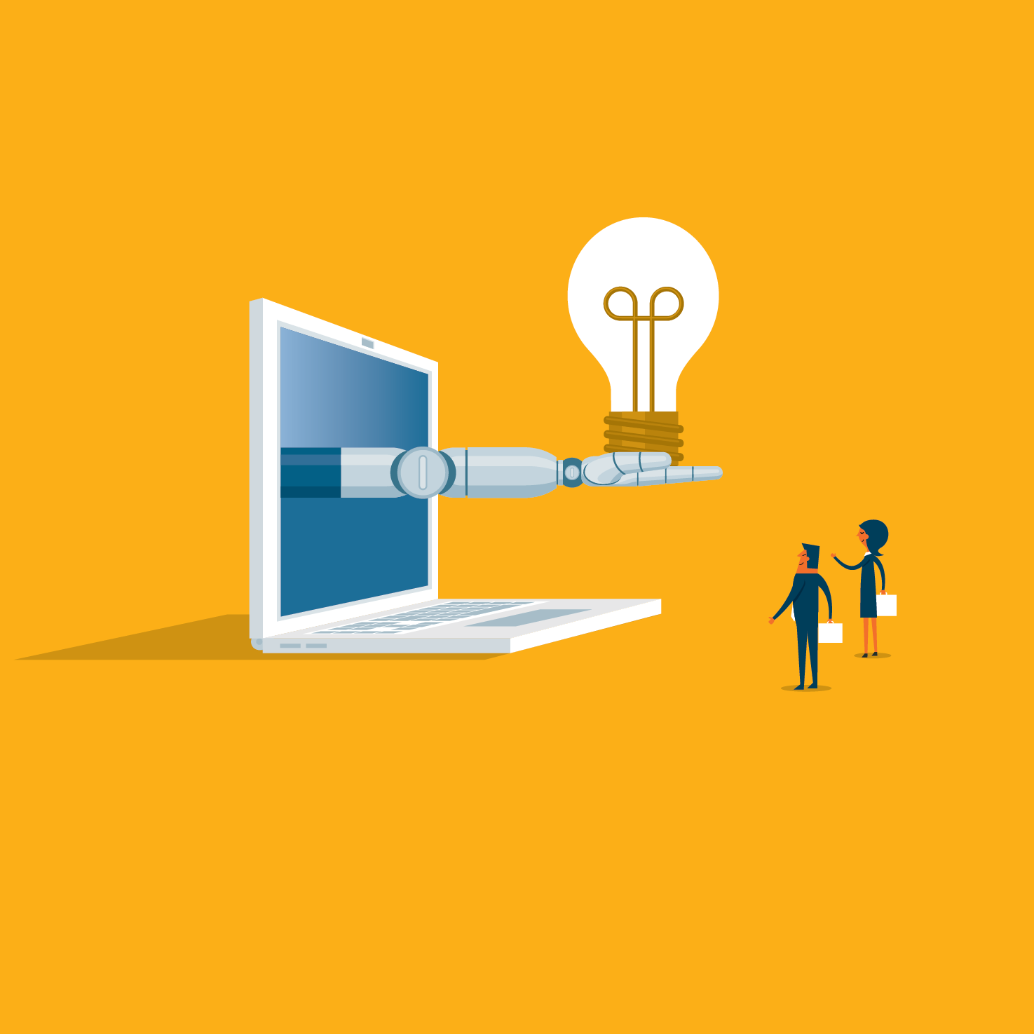 A man and a woman are standing next to a laptop with a robotic hand holding a light bulb.