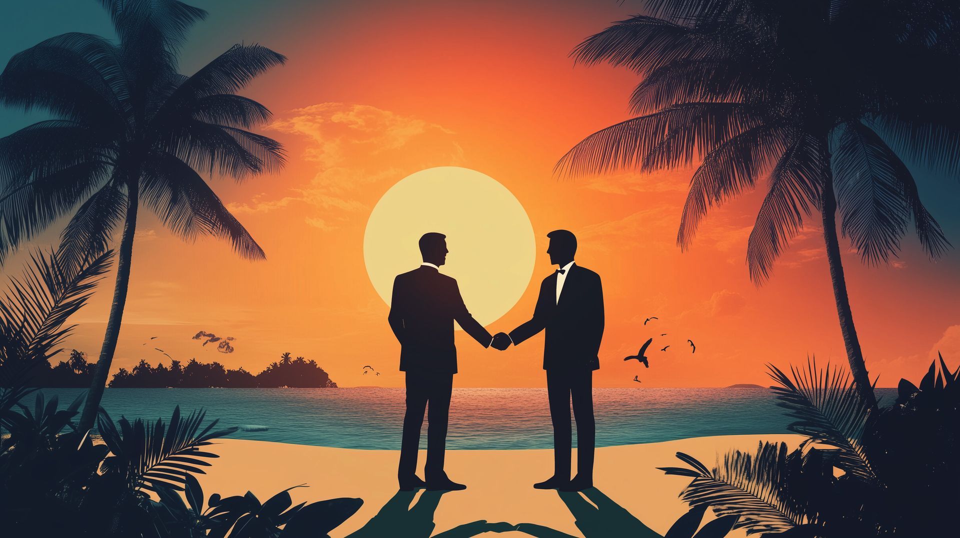 Two suited figures shaking hands on a beach at sunset, framed by palm trees.