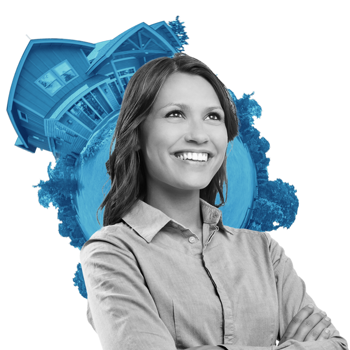 A woman is smiling with a house in the background