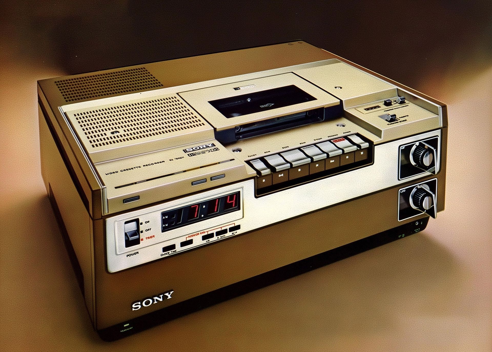 Sony U-matic video cassette recorder. Beige and brown with buttons, dials, and tape loading slot.