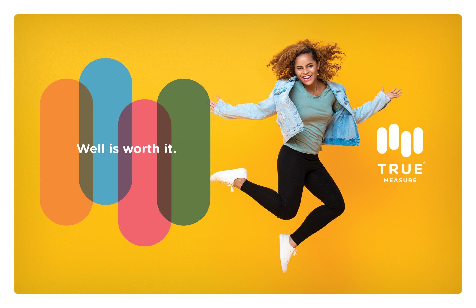 A woman is jumping in the air on a yellow background.