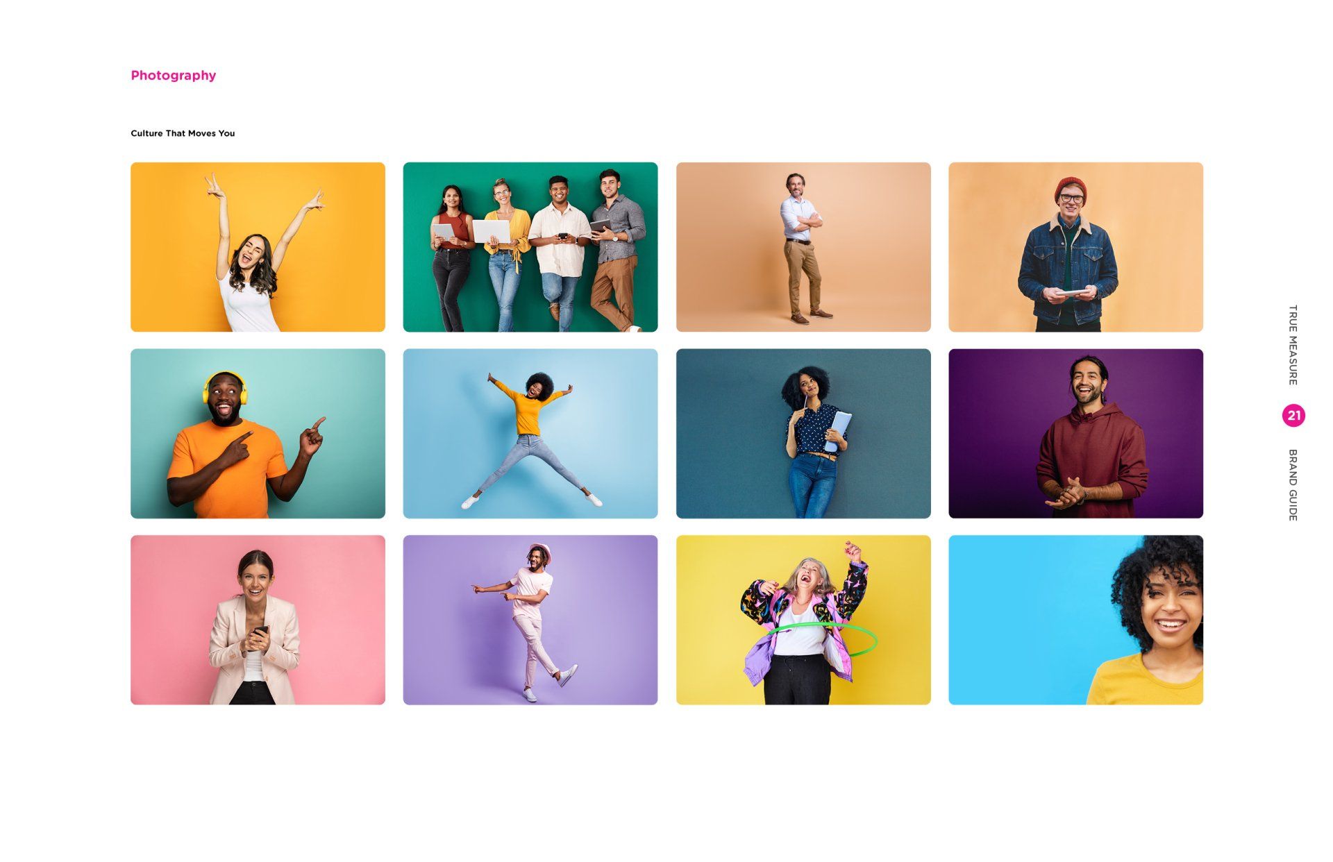 A group of people are standing next to each other on a colorful background.