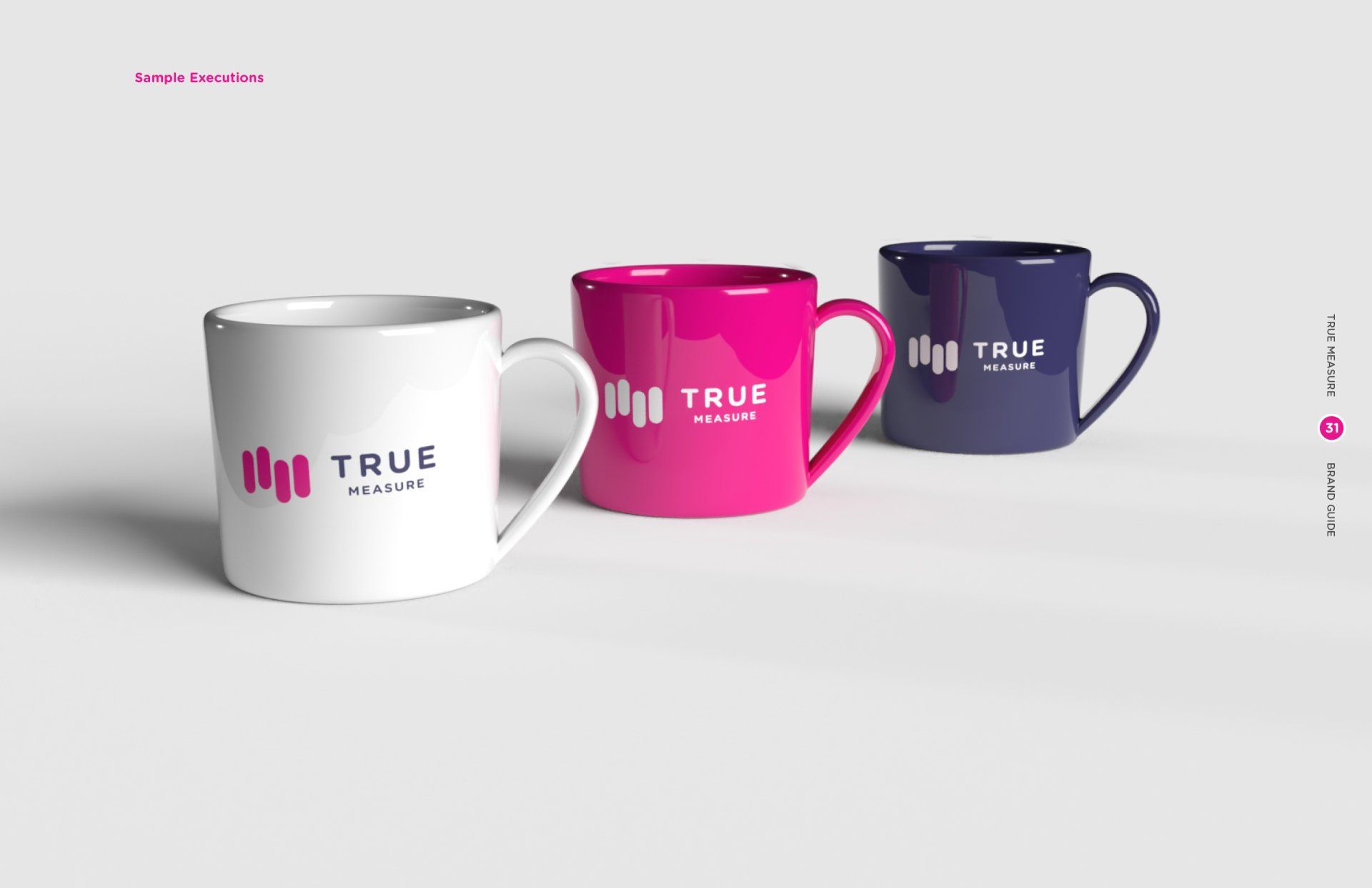 Three coffee mugs are sitting next to each other on a white surface.