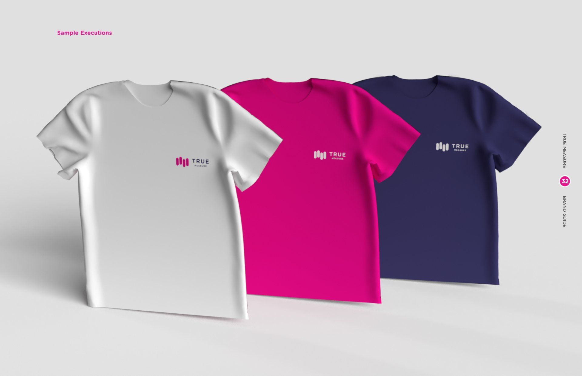Three t-shirts are sitting next to each other on a white surface.