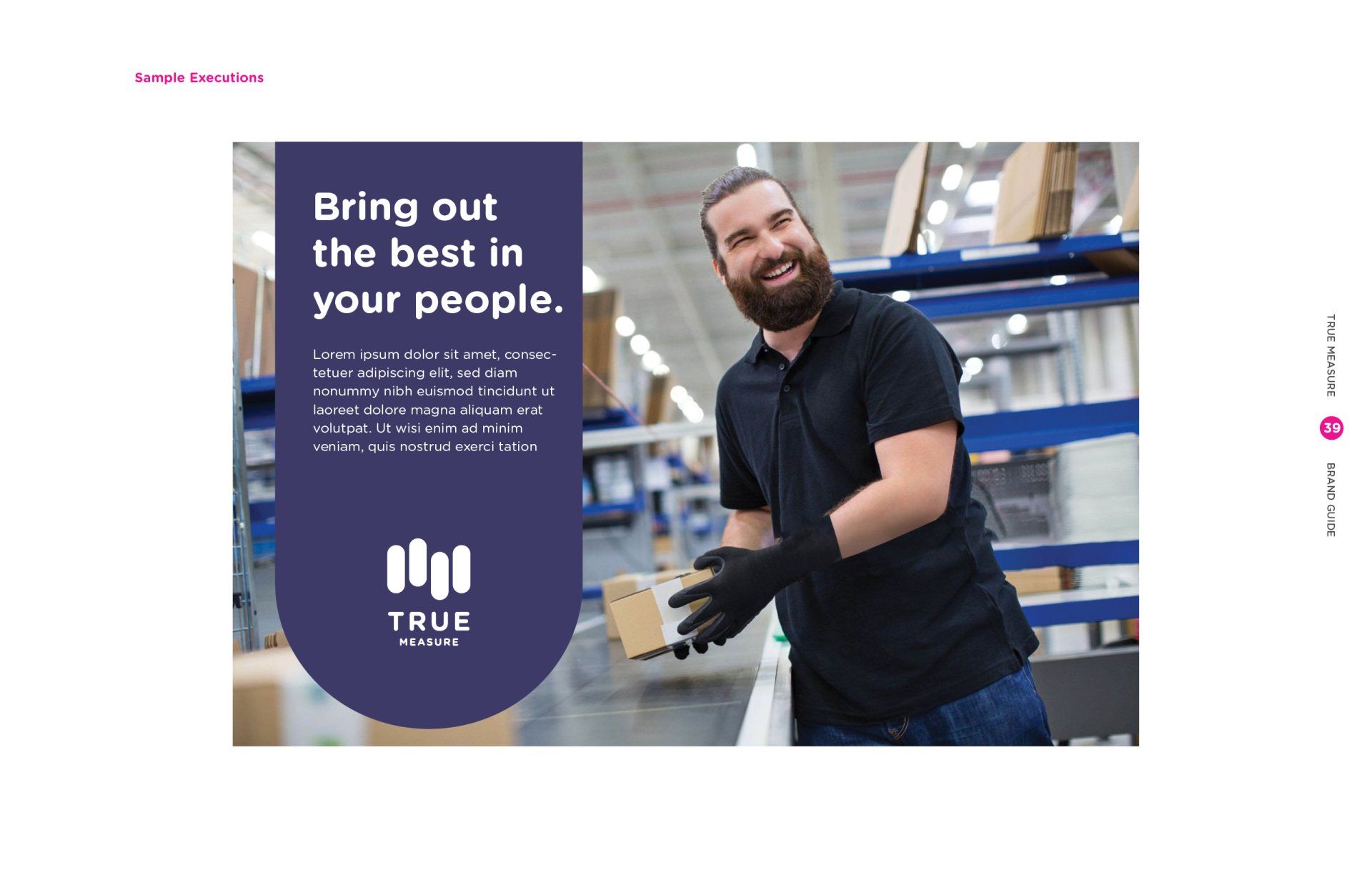 A man with a beard is holding a box in a warehouse.