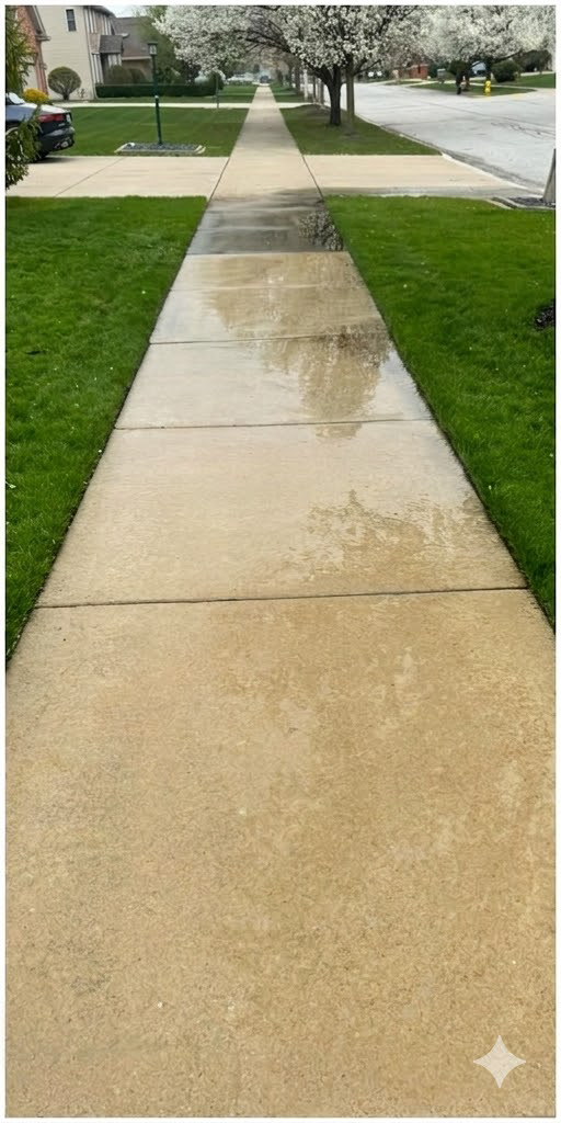 Wet suburban sidewalk with puddles beside green lawns and trees