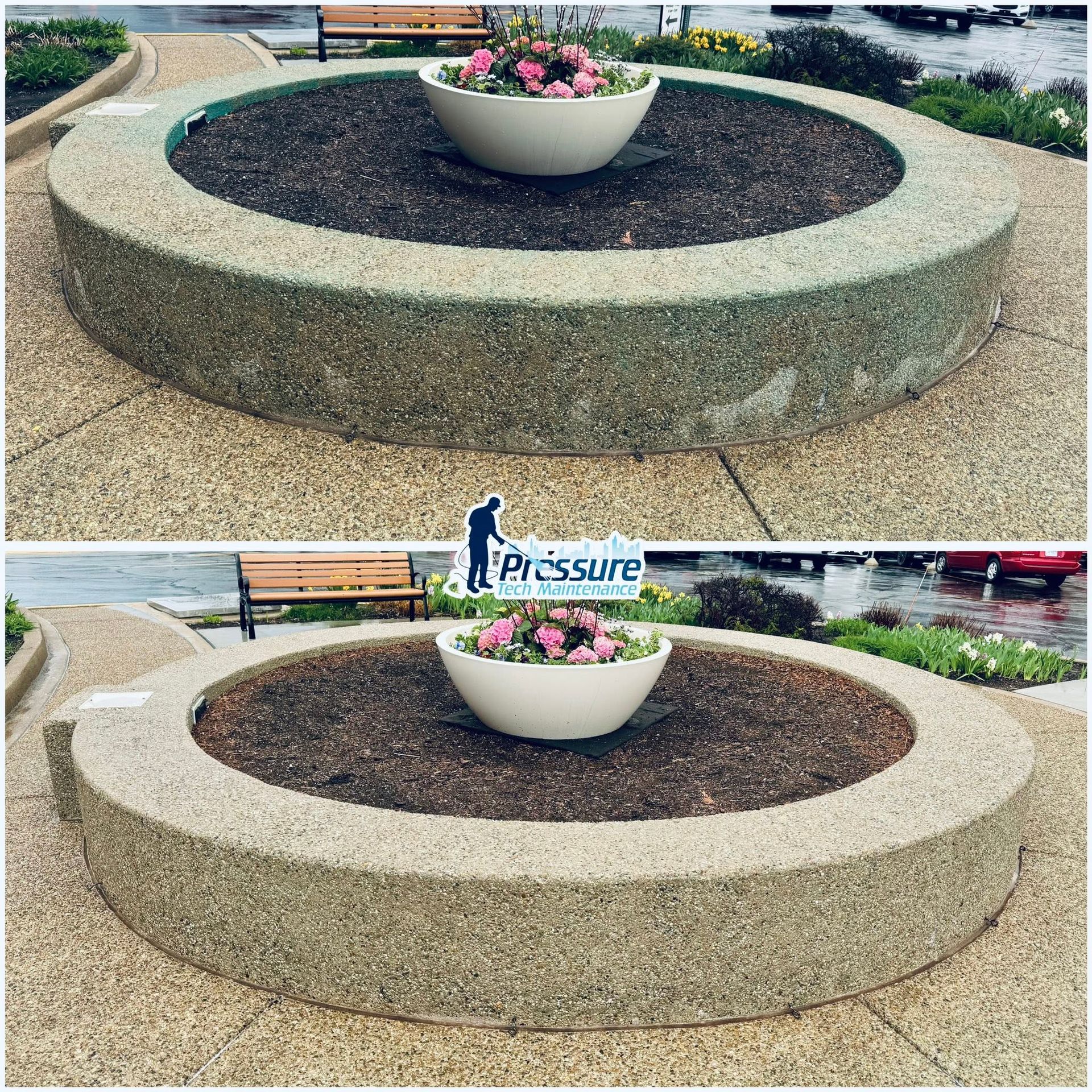 Before-and-after view of a circular stone planter in a park, with flowers in the center.