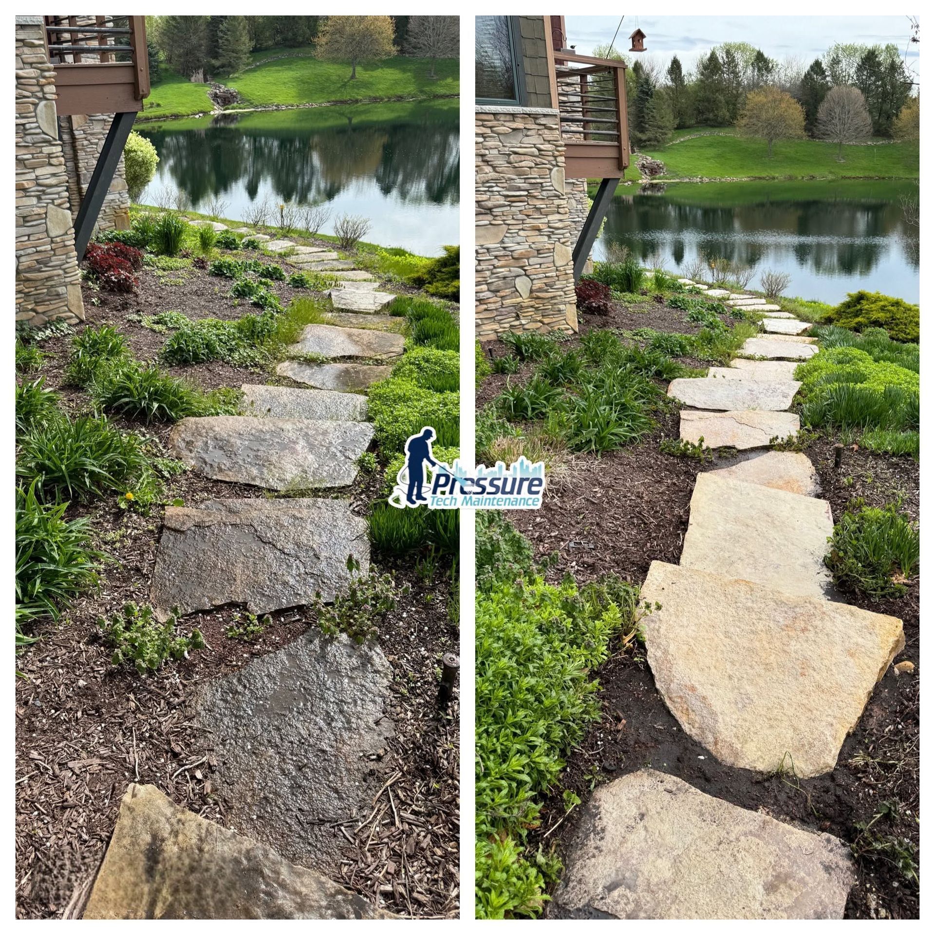 Side-by-side walkway makeover beside a pond: rough stones replaced with large pale flagstones.