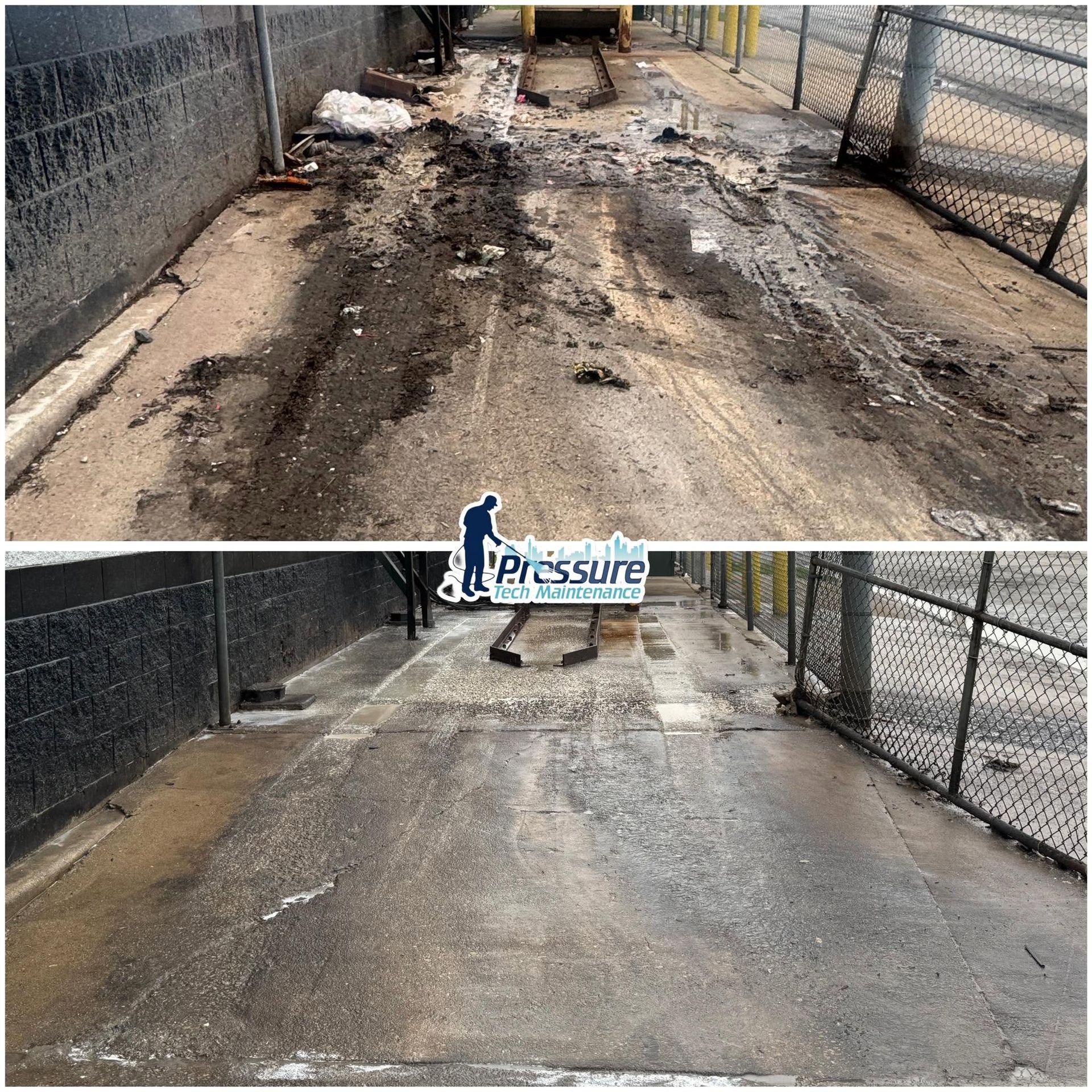Dirty, damaged pathway beside chain-link fences, with before-and-after pressure washing cleanup results.