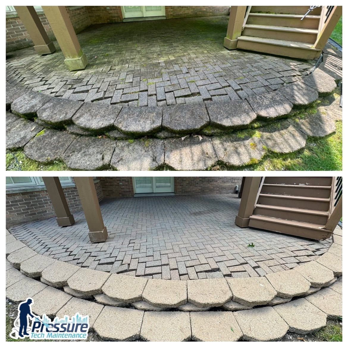 Before-and-after view of a repaired cracked stone patio under a deck with stairs.