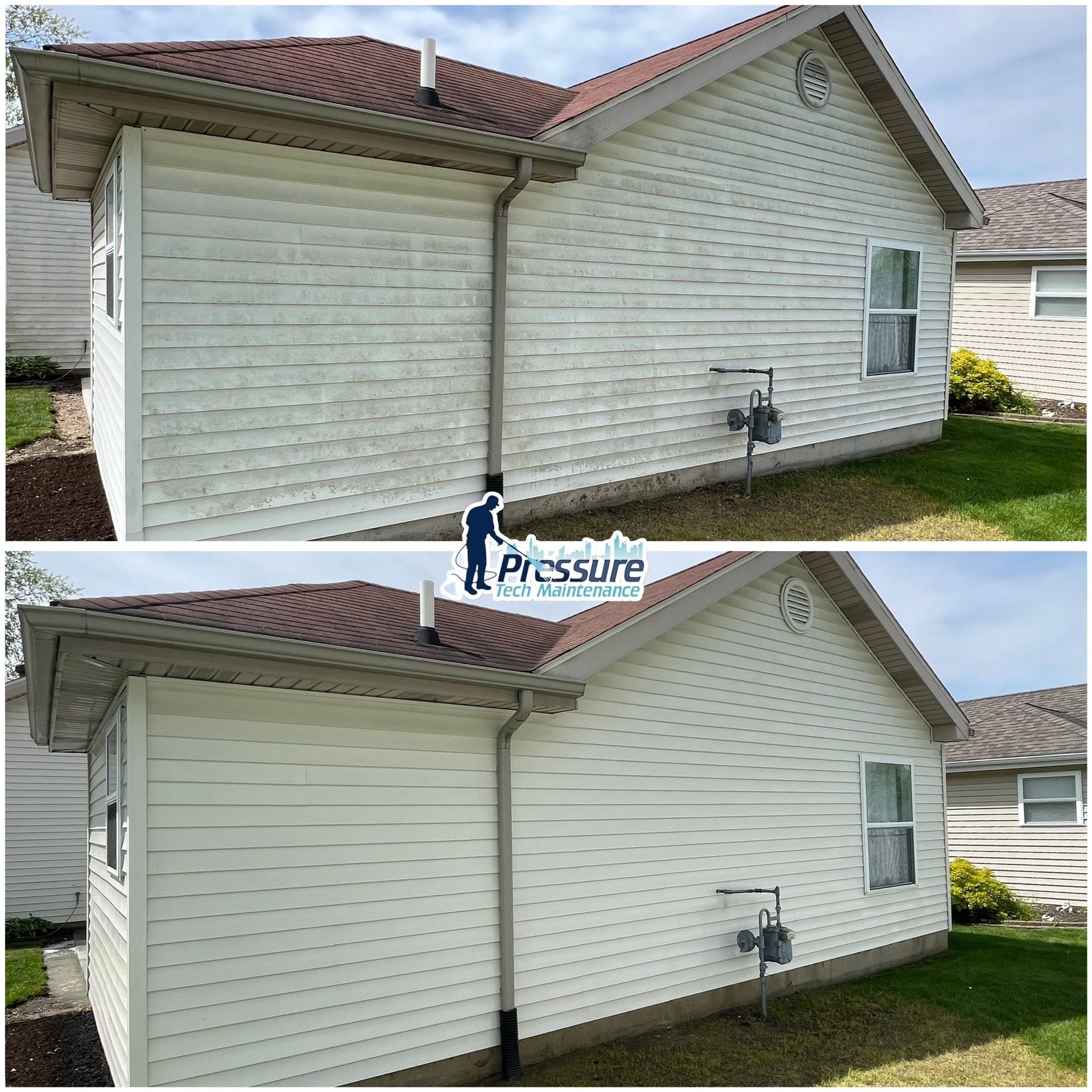 Before-and-after of a house exterior being pressure washed, showing cleaner white siding and garage wall