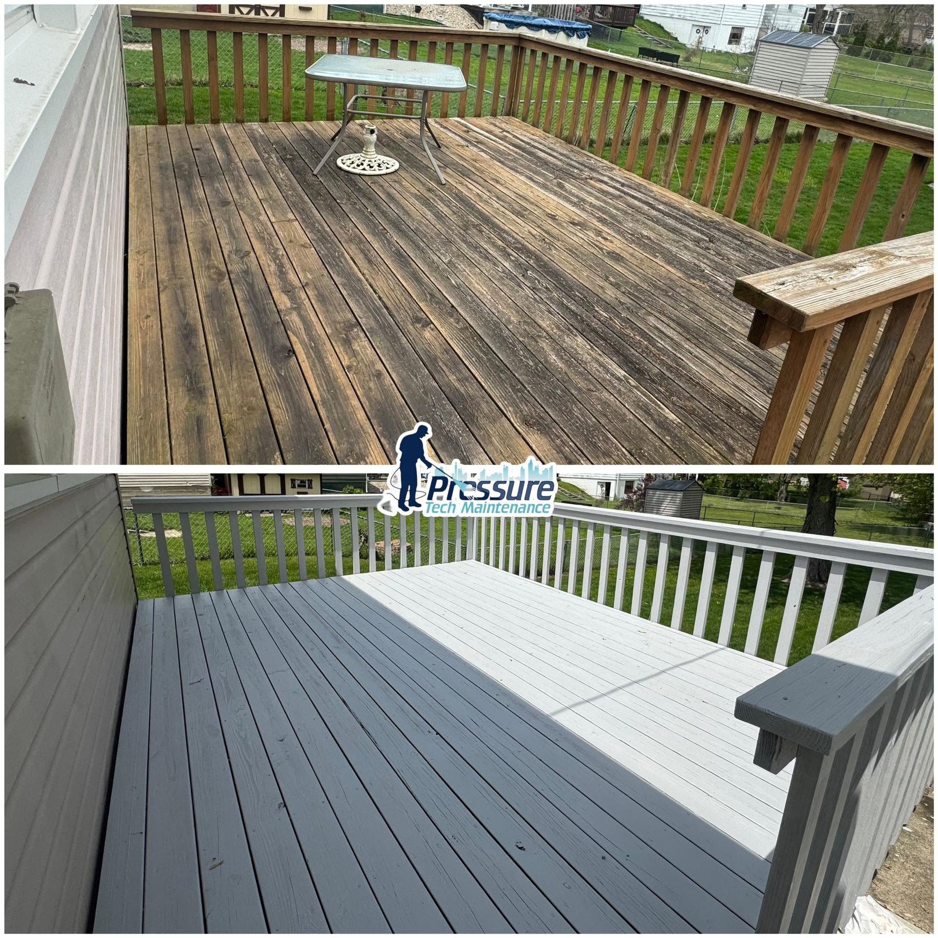 Before-and-after deck restoration: weathered brown boards become freshly painted gray-white.