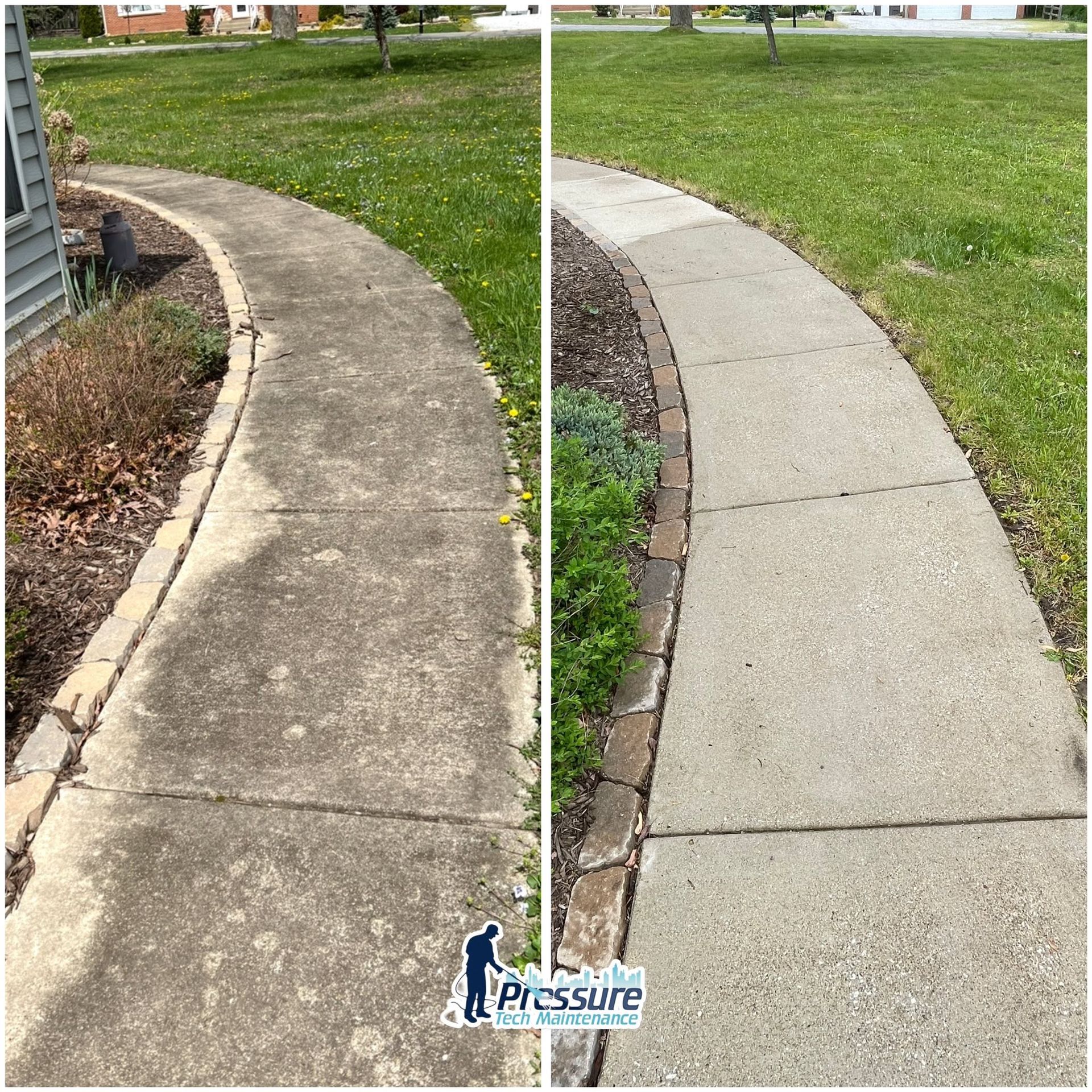 Sidewalk before-and-after pressure washing: dirty concrete on left, clean light gray path on right.