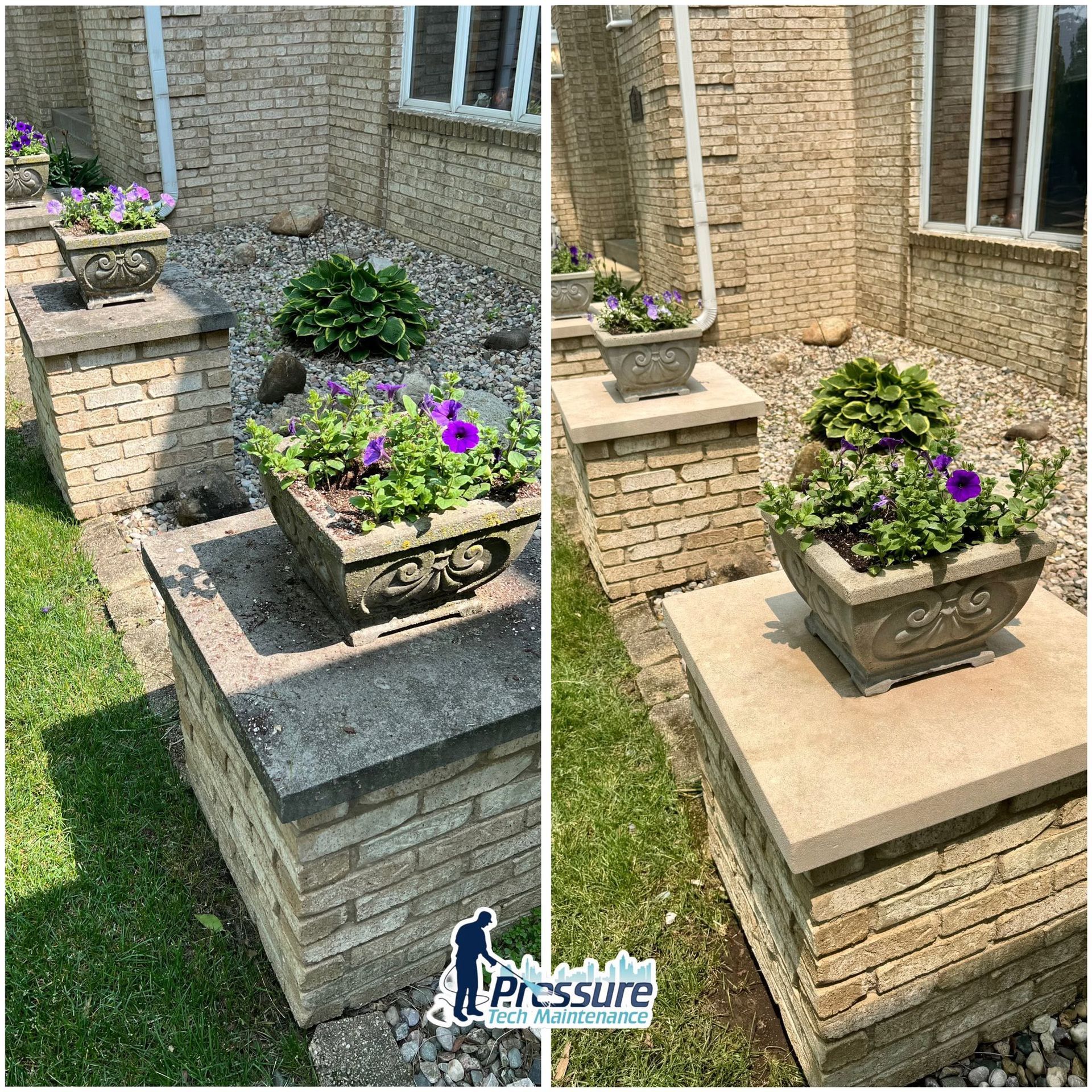 Before-and-after view of a front porch planter, showing cleaned stone and flowers against a brick house.