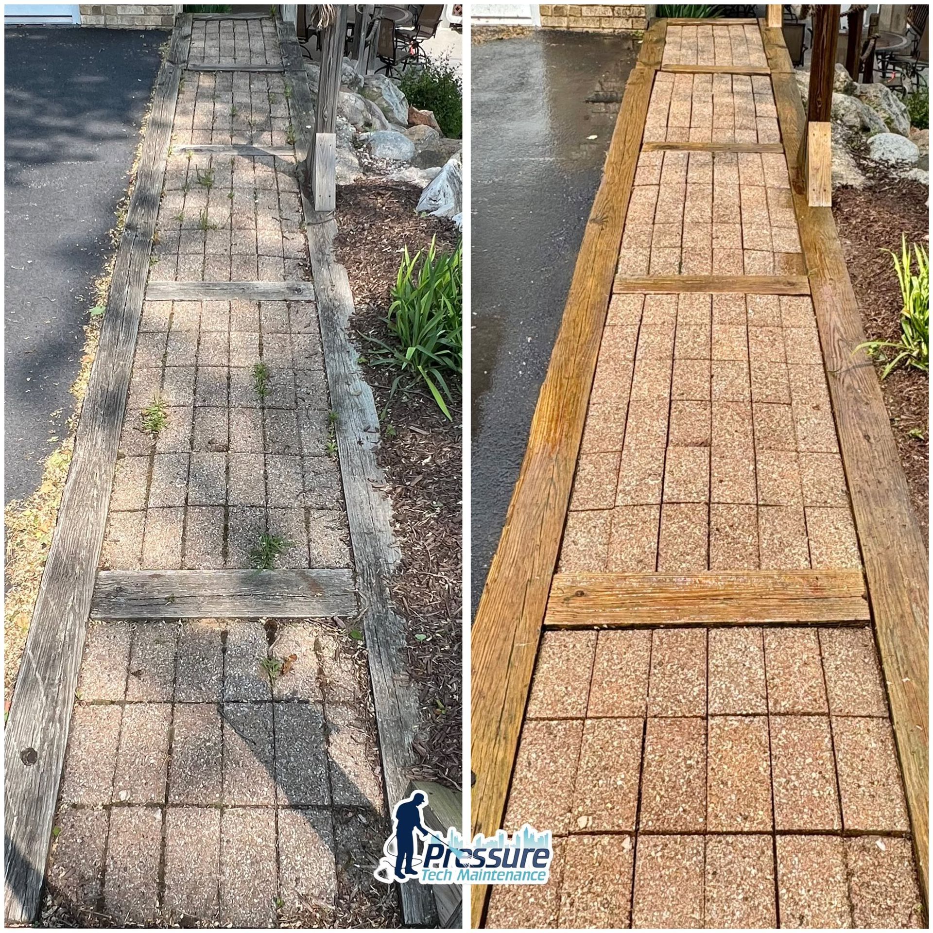 Before-and-after of a worn sidewalk repaired with fresh wood-like paving boards.