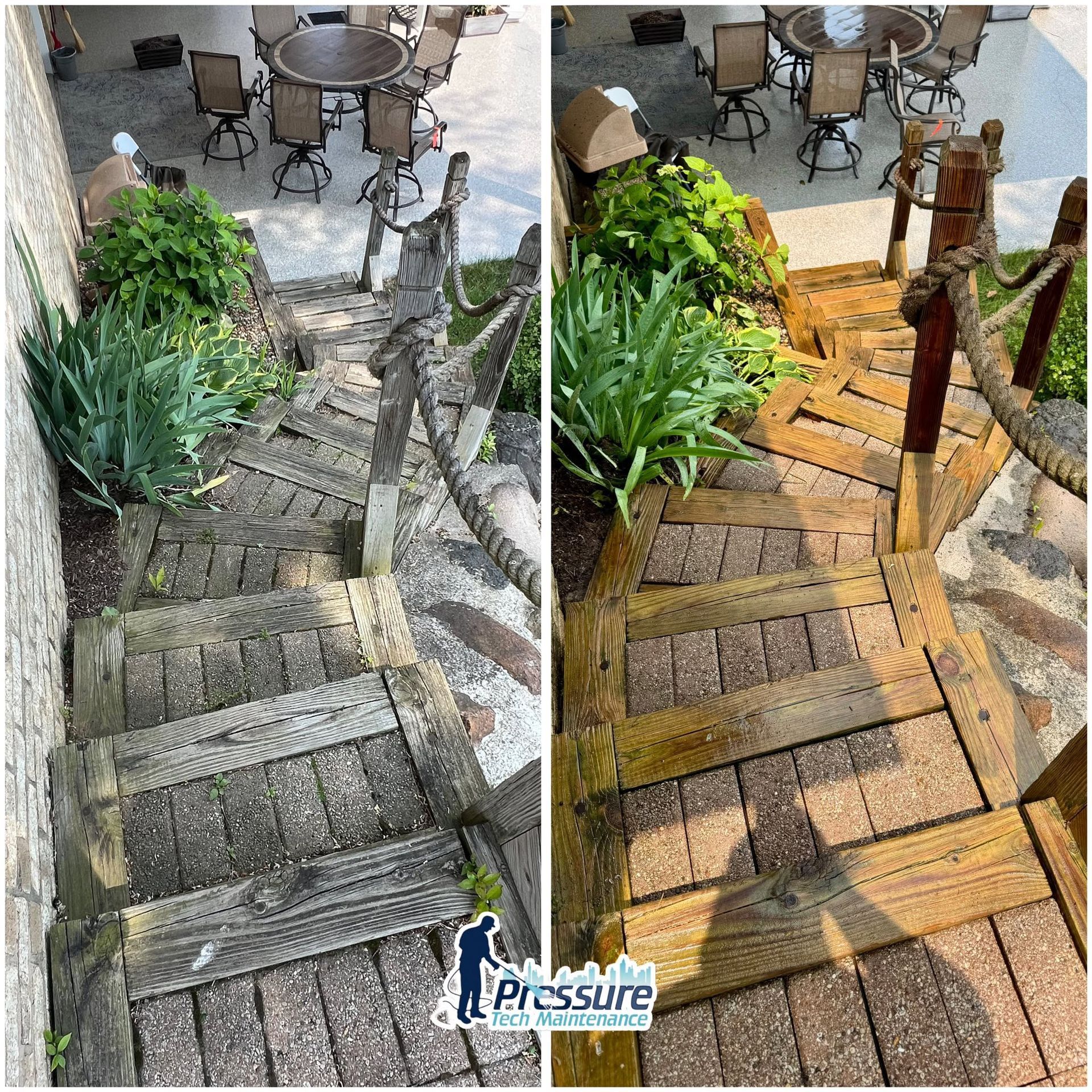 Before-and-after view of pressure-washed stone steps beside patio seating and greenery.